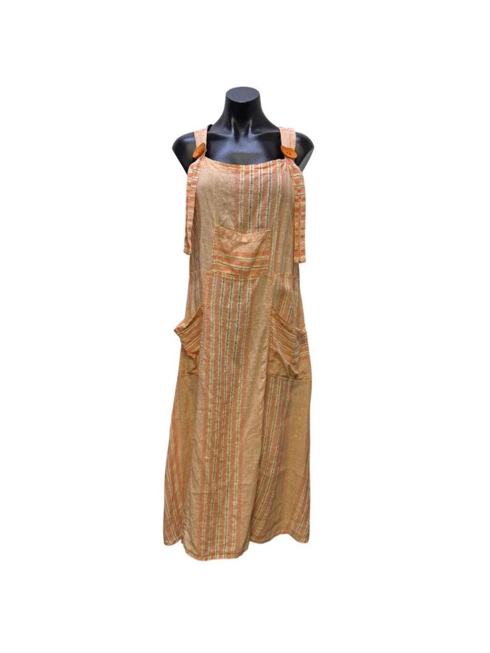 Flax Striped Linen Button Strap Apron Dress Peach M